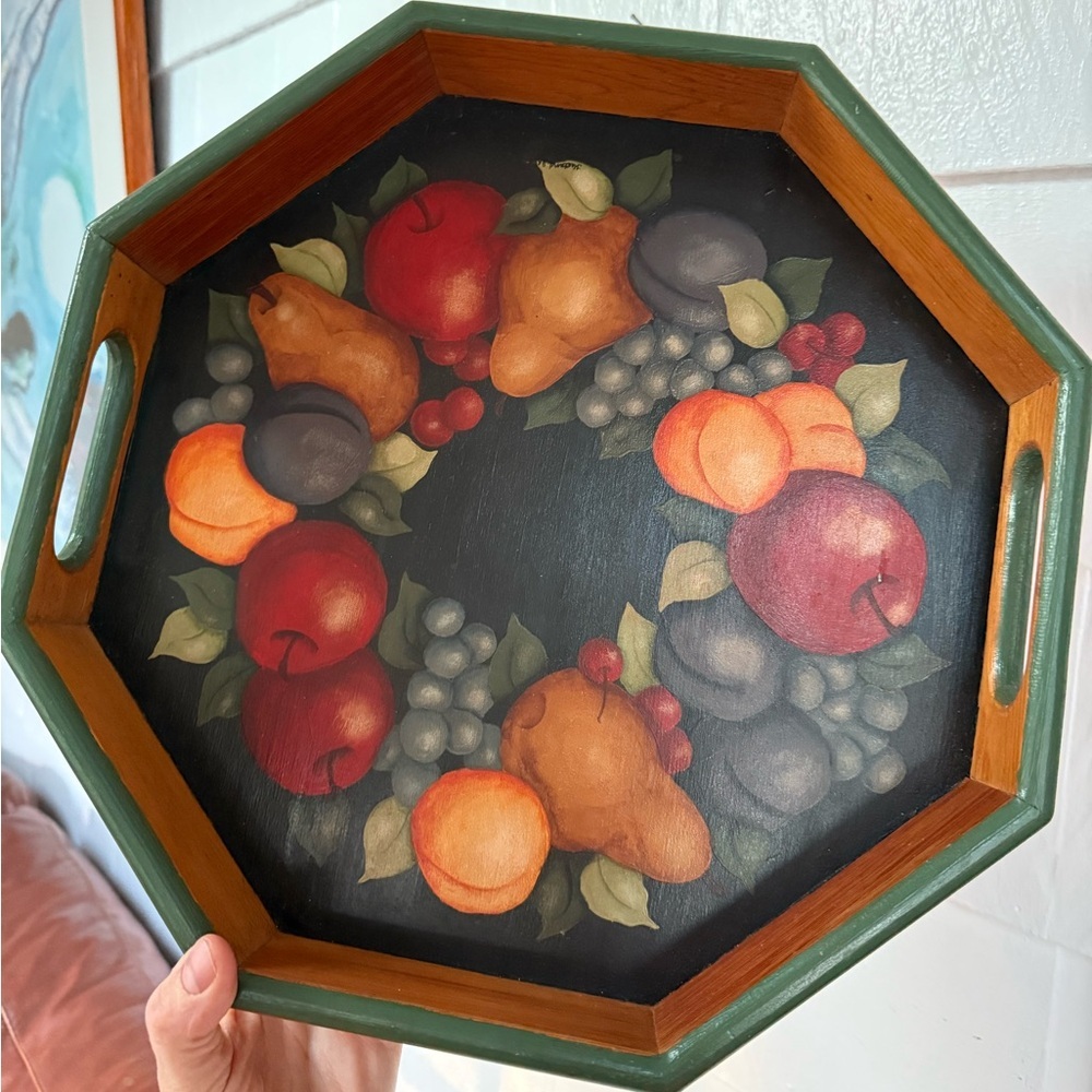 Vintage hand, painted wooden tray with handle openings Fruit Painted Octagonal